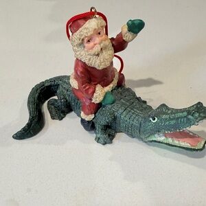 Santa Riding Alligator Christmas Holiday Ornament 4” long 2.25” high